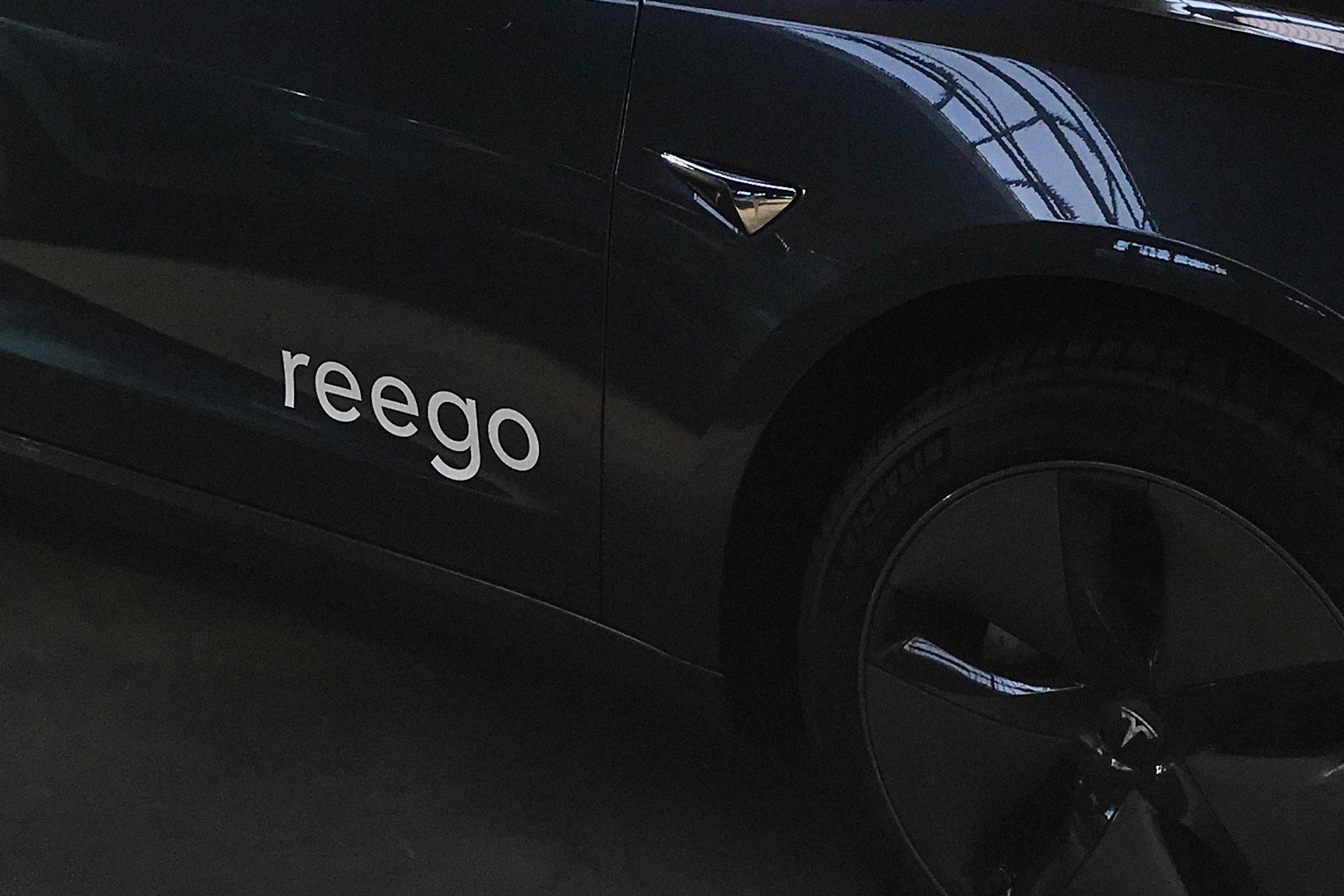 Gallery Reego wordmark on a dark blue tesla car